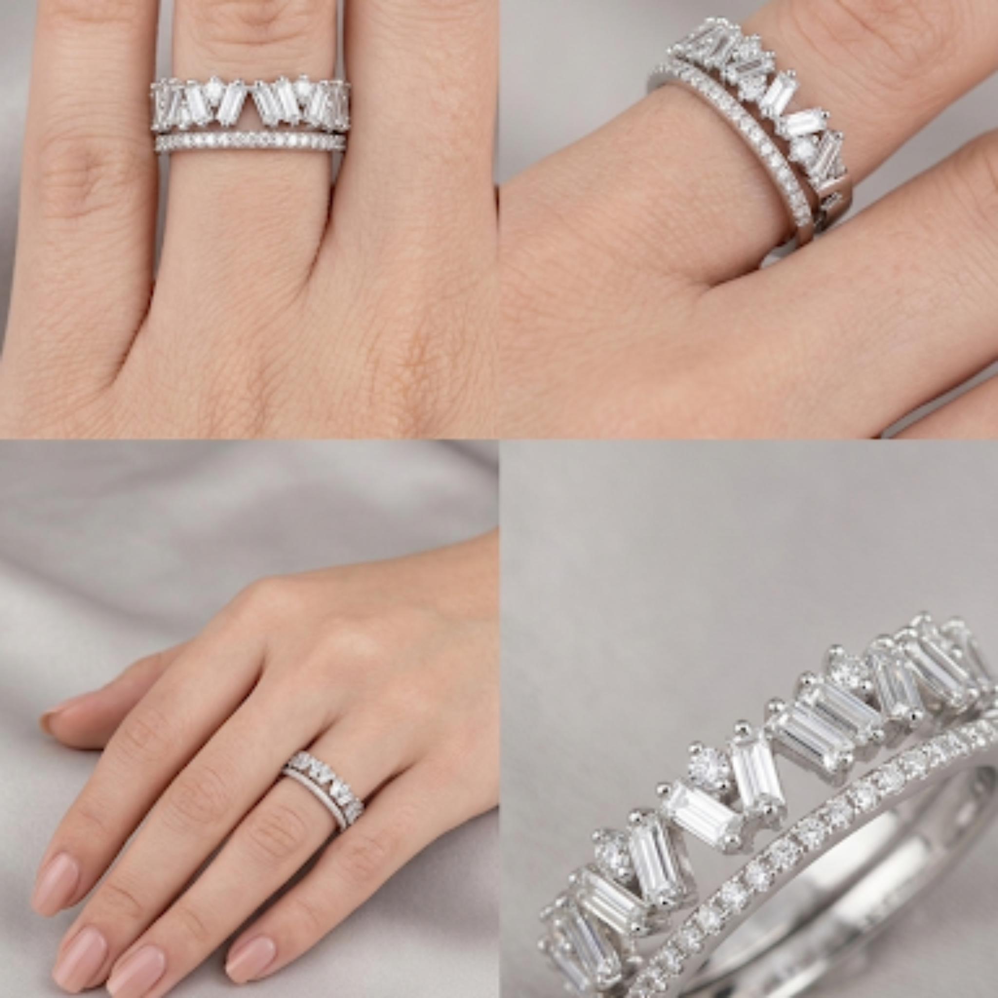Silver Baguette and Round Cluster Double Band Ring 92.5 Sterling Silver