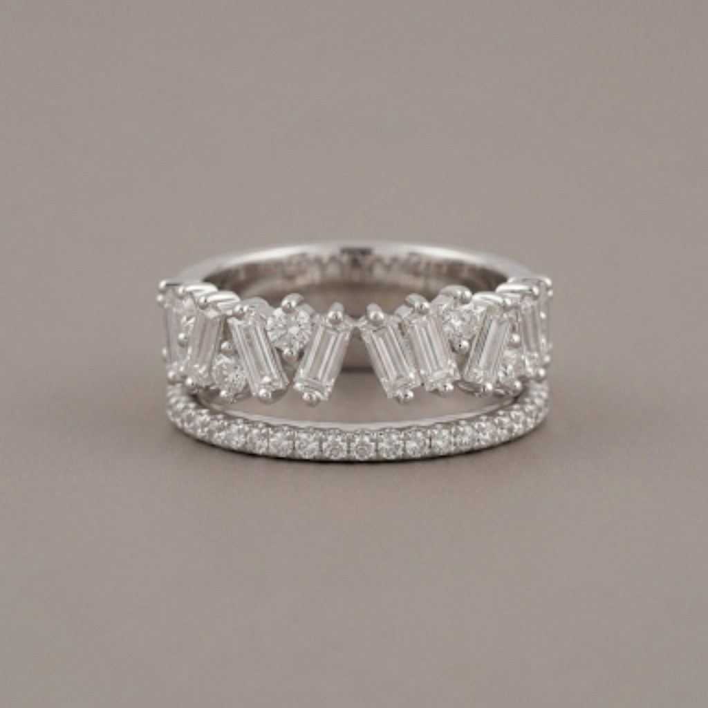 Silver Baguette and Round Cluster Double Band Ring 92.5 Sterling Silver