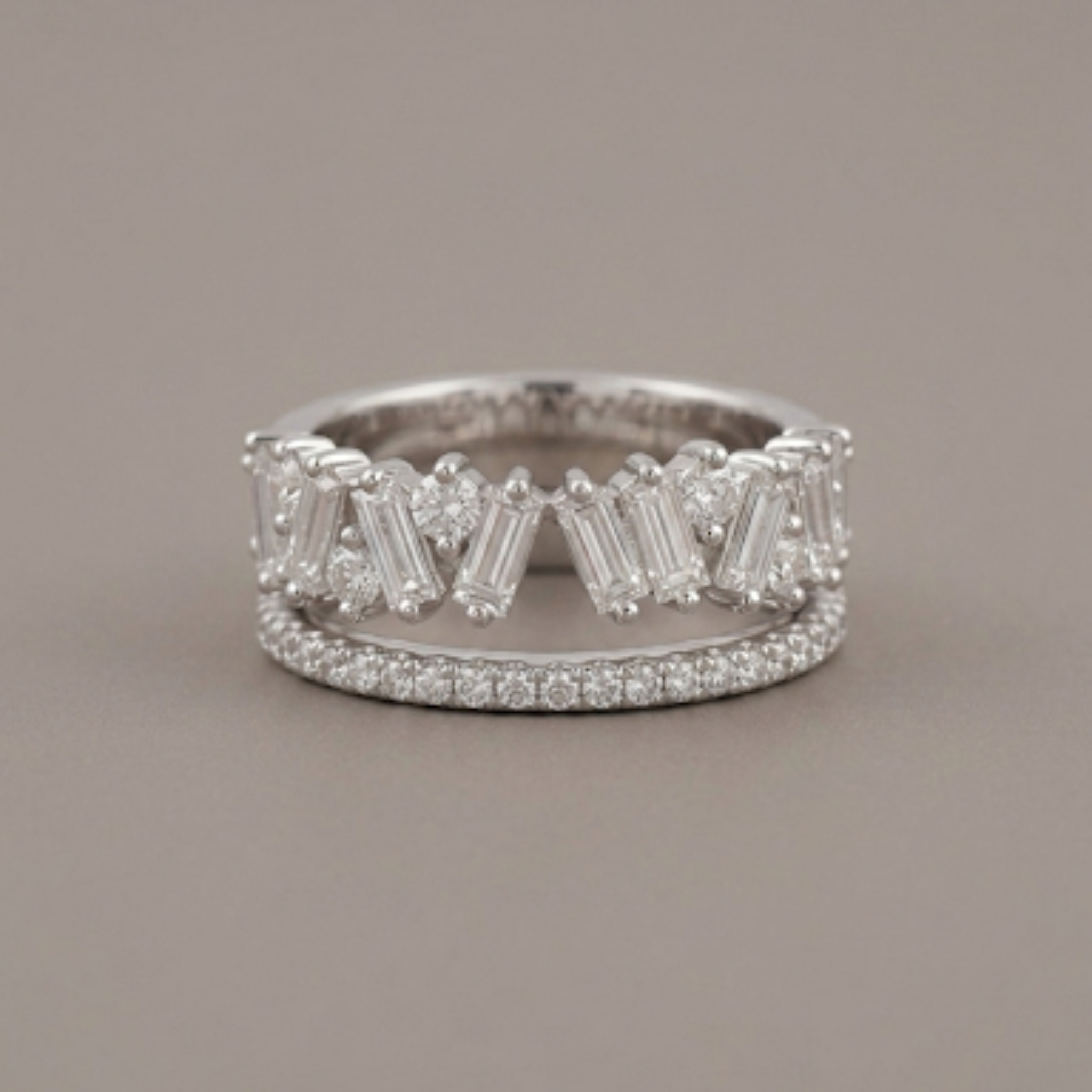 Silver Baguette and Round Cluster Double Band Ring 92.5 Sterling Silver