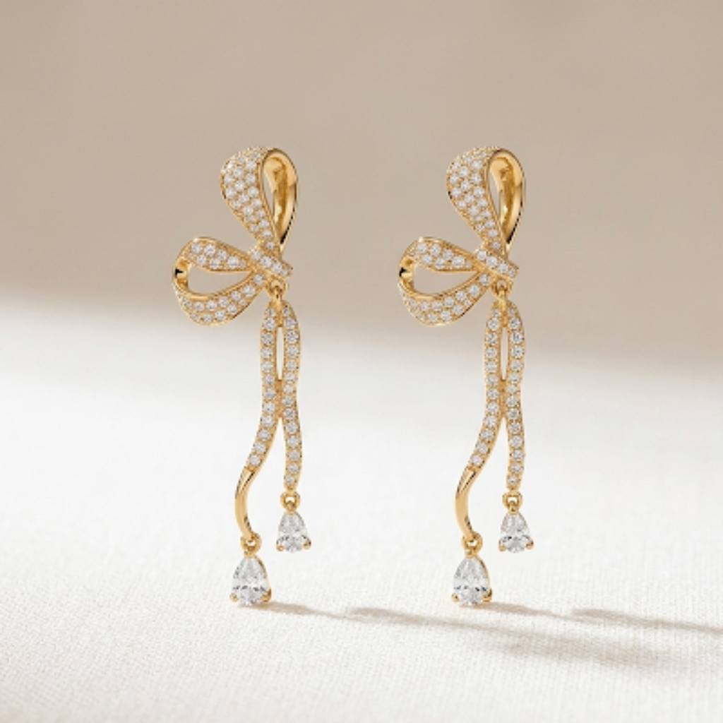 Sparkling Ribbon Bow Drop Earrings 925 Sterling Silver