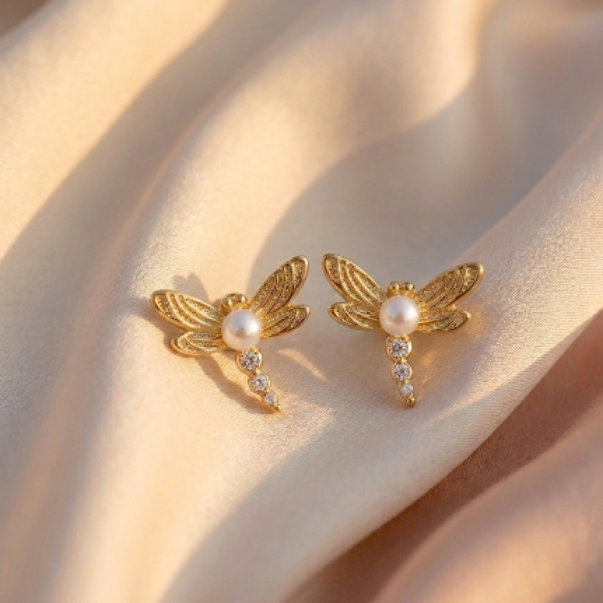 Gold-Plated 925 Sterling Silver Dragonfly Pearl Stud Earrings 925 Sterling Silver