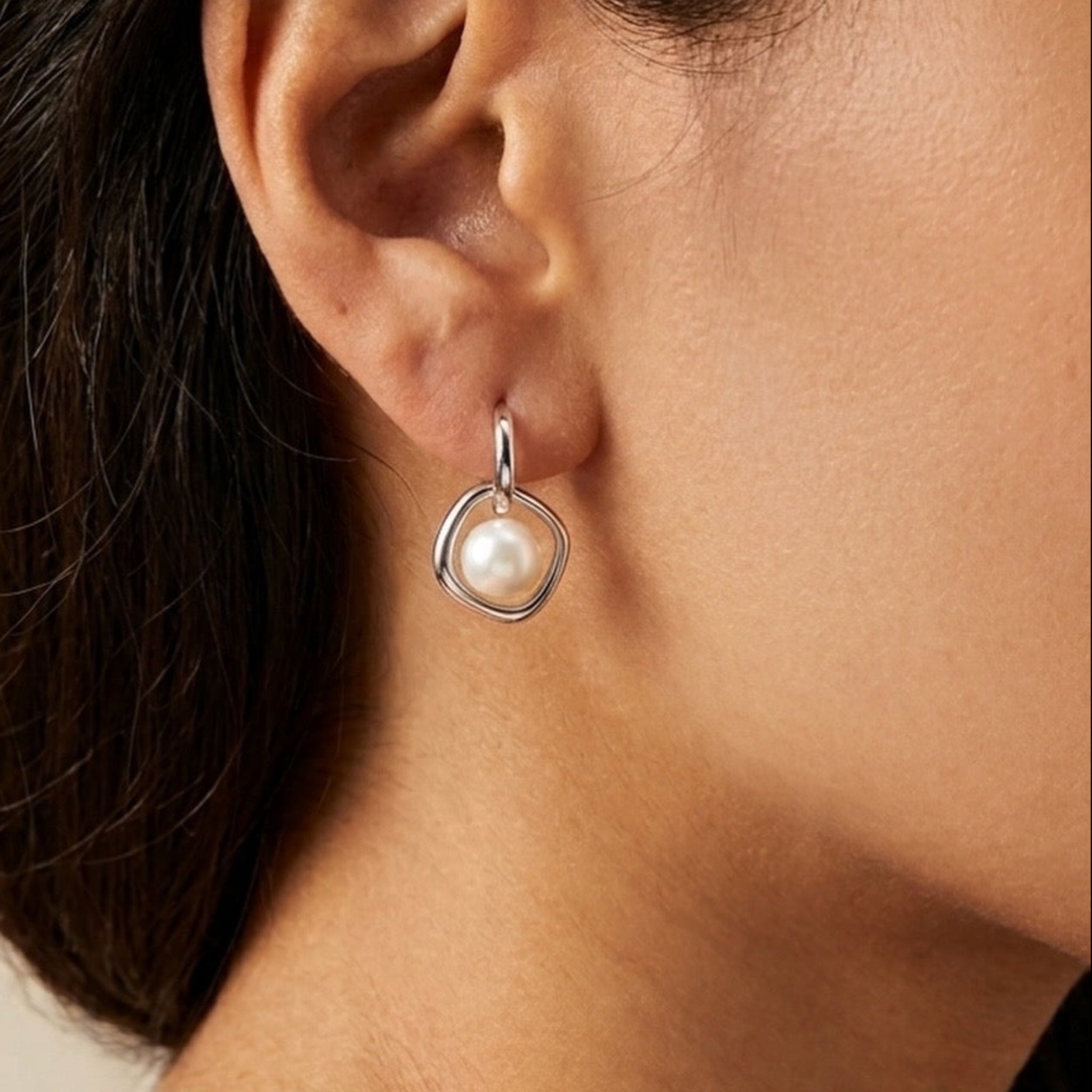 Geometric Pearl Drop 92.5 Sterling Silver Earrings