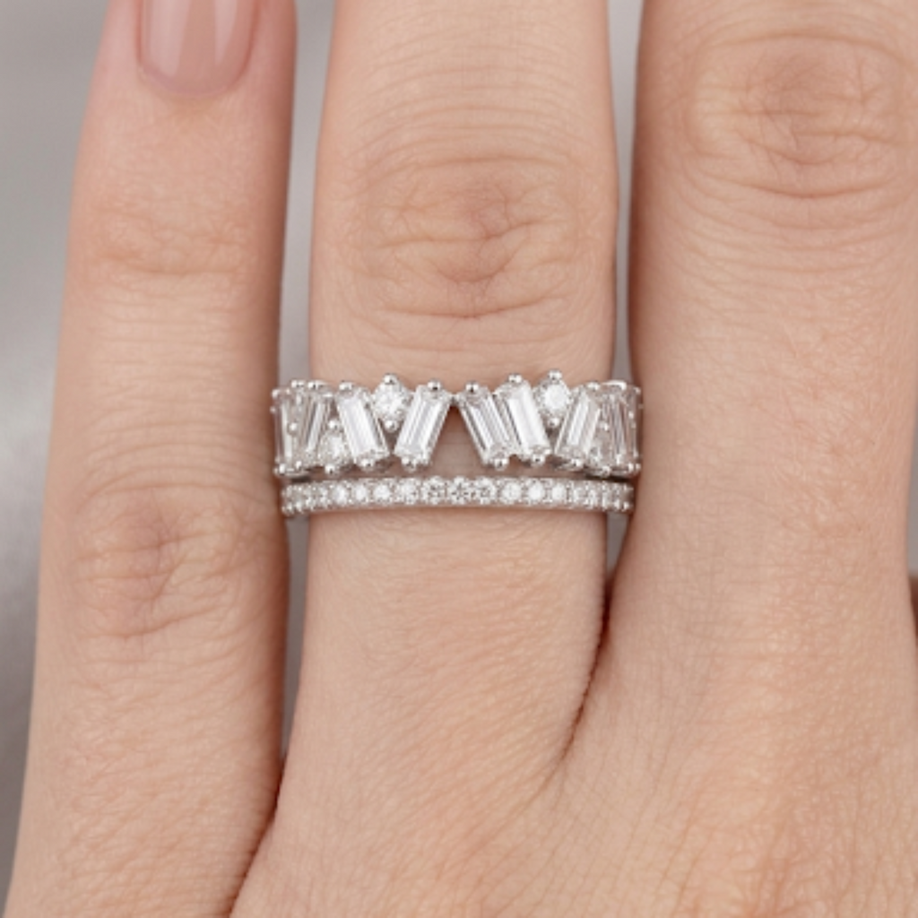 Silver Baguette and Round Cluster Double Band Ring 92.5 Sterling Silver