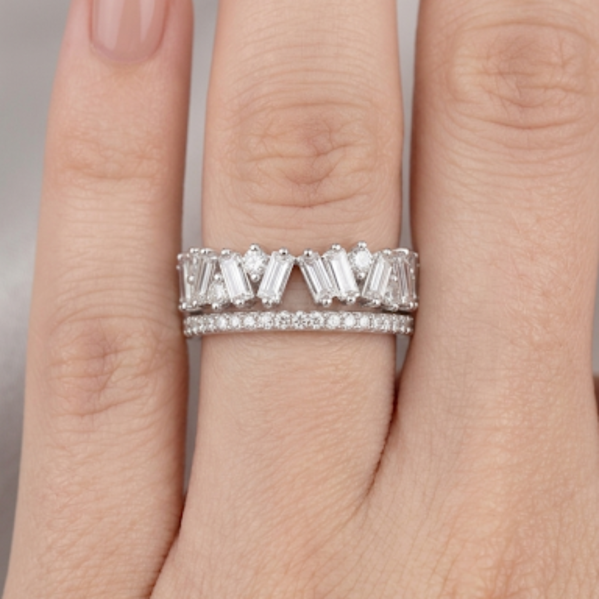 Silver Baguette and Round Cluster Double Band Ring 92.5 Sterling Silver