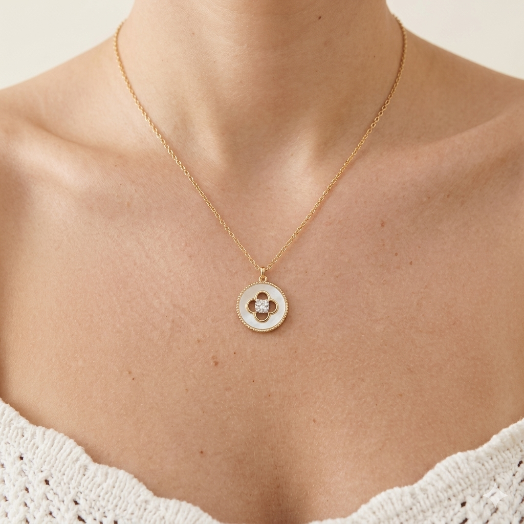 Mother of Pearl Clover Silver Necklace 925 Sterling Silver
