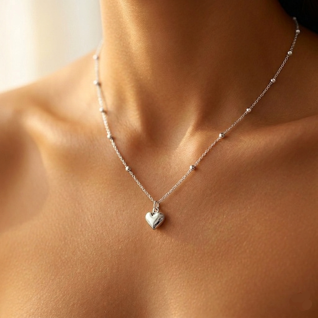Puffed Heart Satellite Chain Necklace 925 Sterling Silver