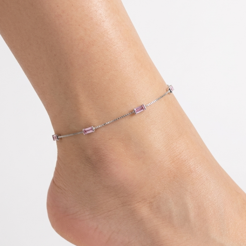 Pink Stone Sleek 92.5 Silver Anklet 925 Sterling Silver