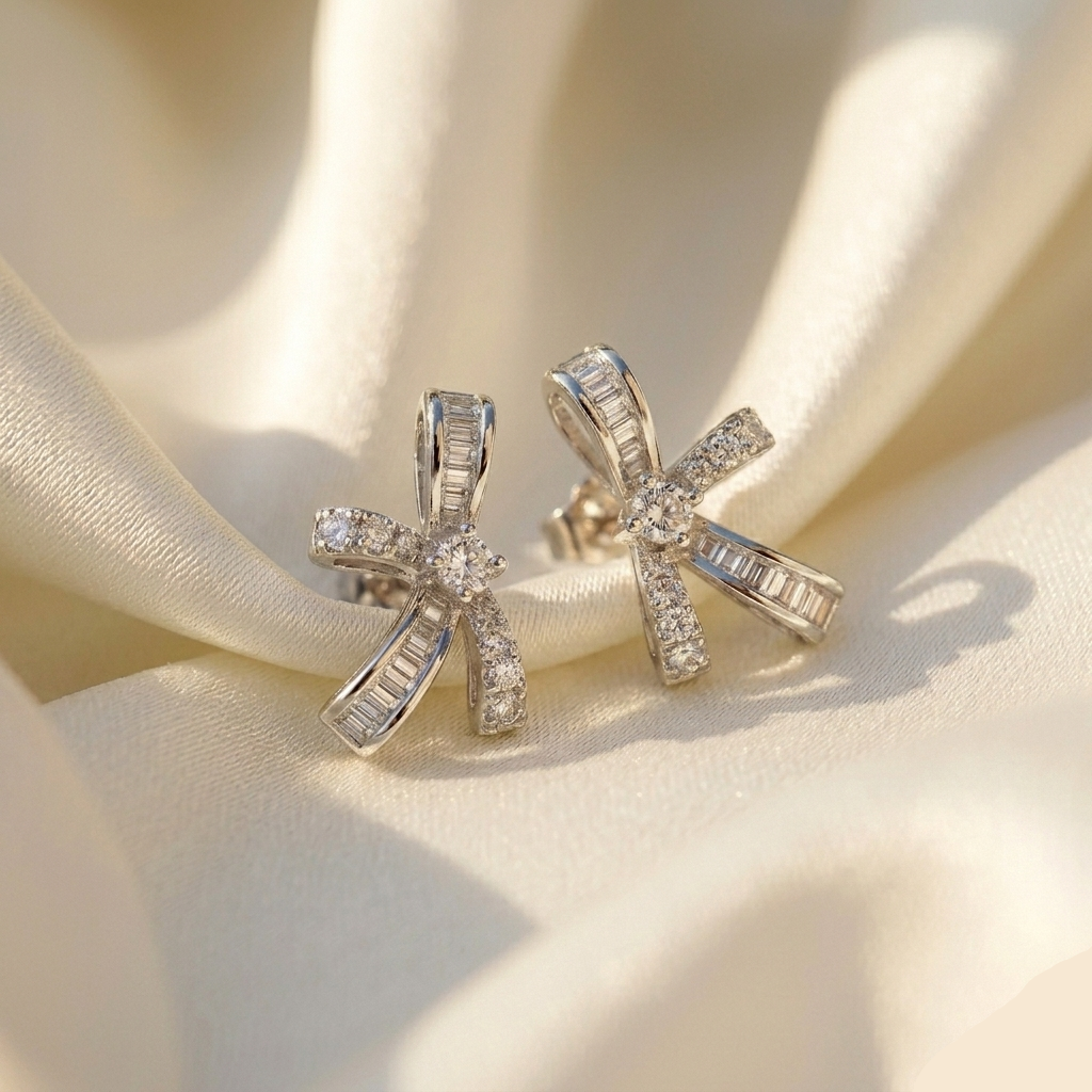 Celestial Baguette Bow Earrings 925 Sterling Silver
