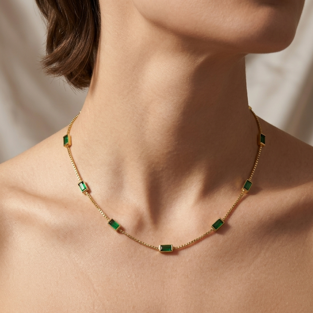 Emerald Baguette Station Necklace 18K Gold Plated 92.5 Sterling Silver