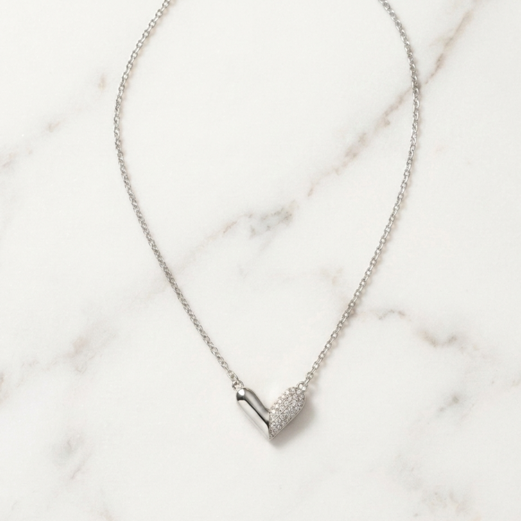 Split-Design Pavé Heart Necklace 92.5 Sterling Silver