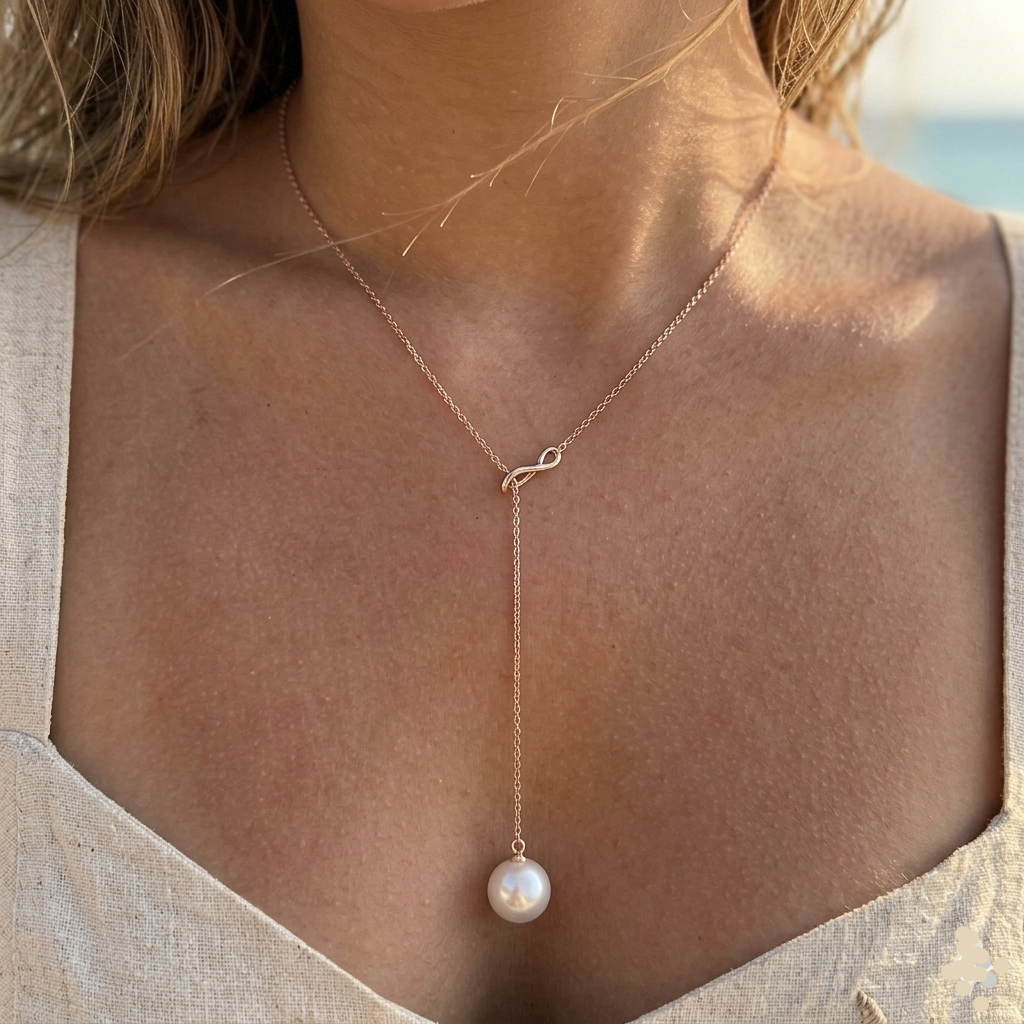 Infinity Slide Rose Gold Lariat with Drop Pearl 925 Sterling Silver