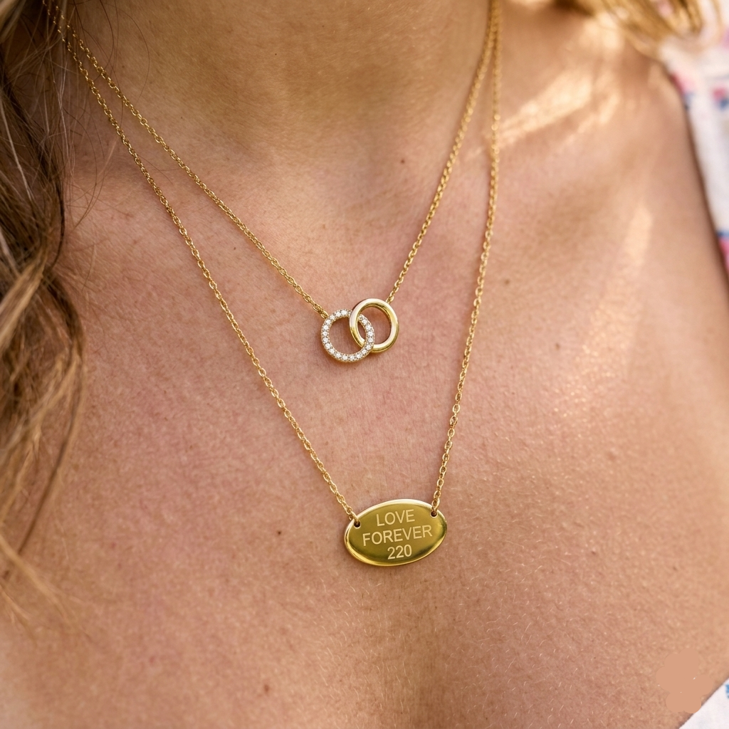 Interlocking Circles & Oval Layered Necklace 925 Sterling Silver