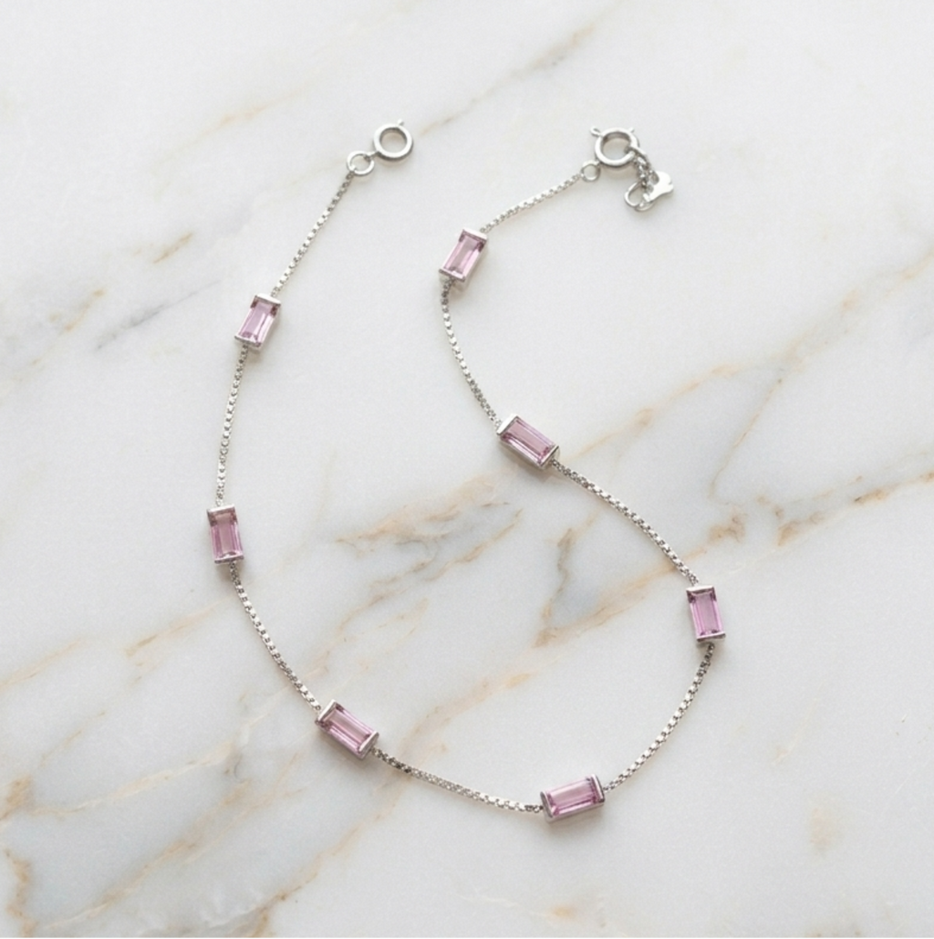 Pink Stone Sleek 92.5 Silver Anklet 925 Sterling Silver