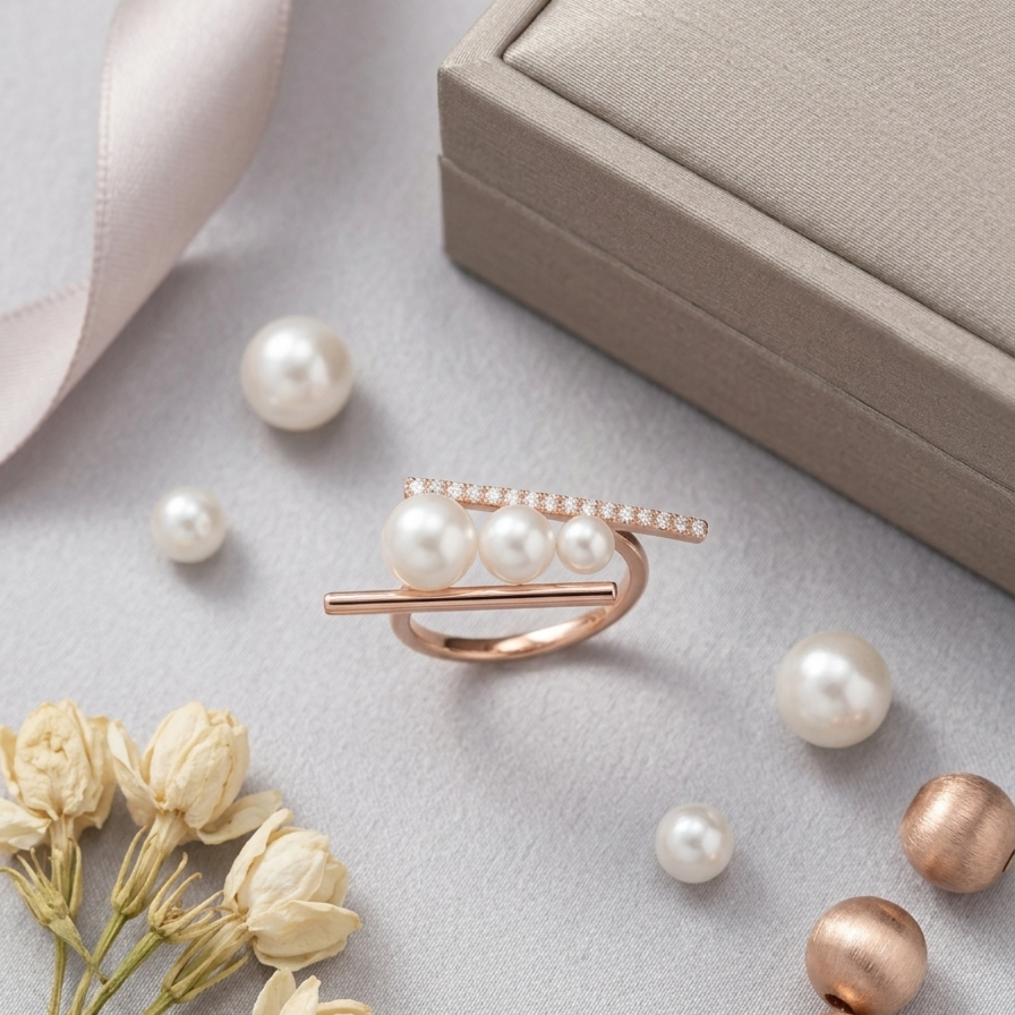 Rose Gold Vermeil Minimalist Pearl Balance Adjustable Ring