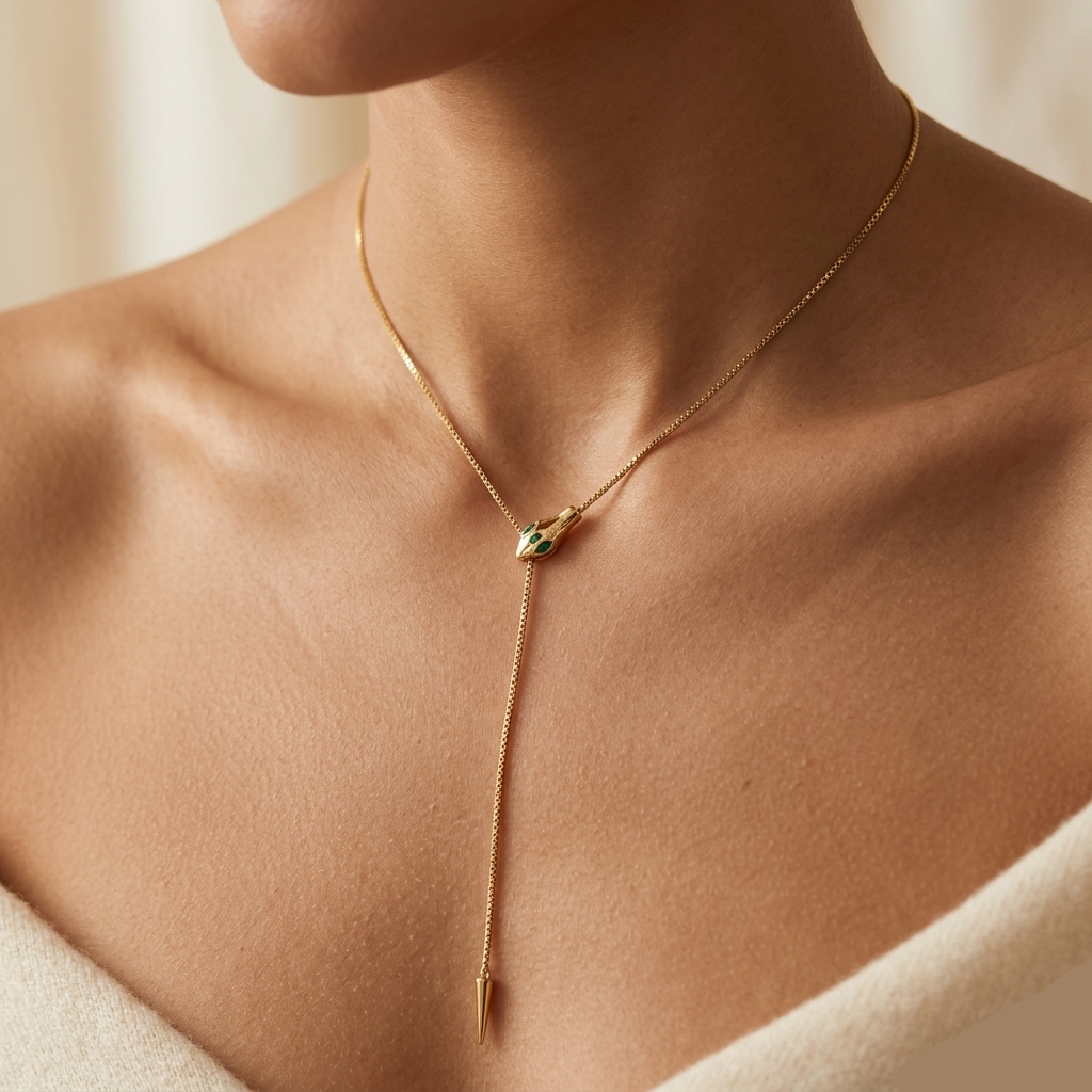 Emerald-Eyed Serpent Adjustable Gold Lariat Necklace 925 Sterling Silver