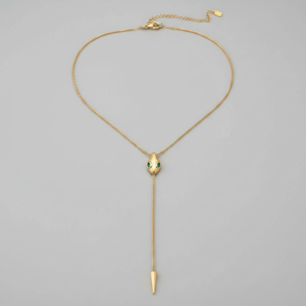 Emerald-Eyed Serpent Adjustable Gold Lariat Necklace 925 Sterling Silver
