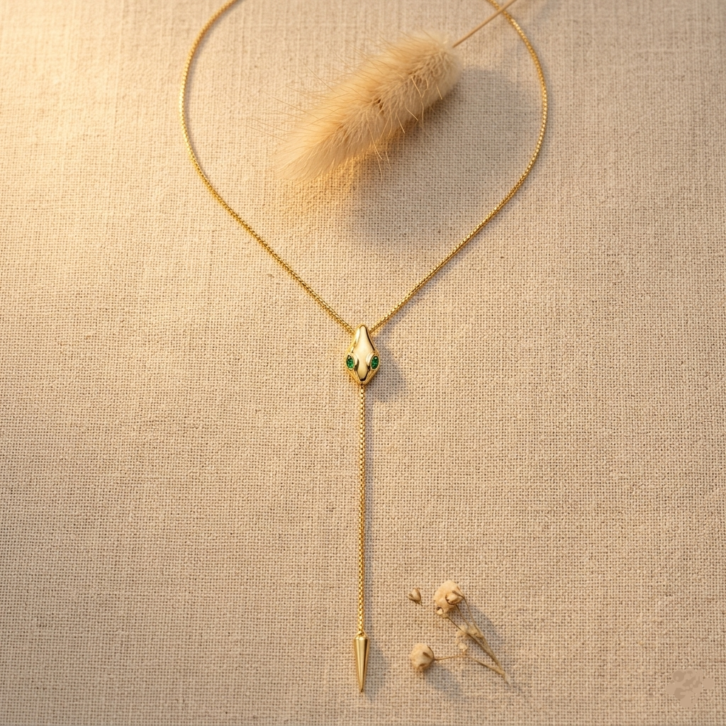 Emerald-Eyed Serpent Adjustable Gold Lariat Necklace 925 Sterling Silver