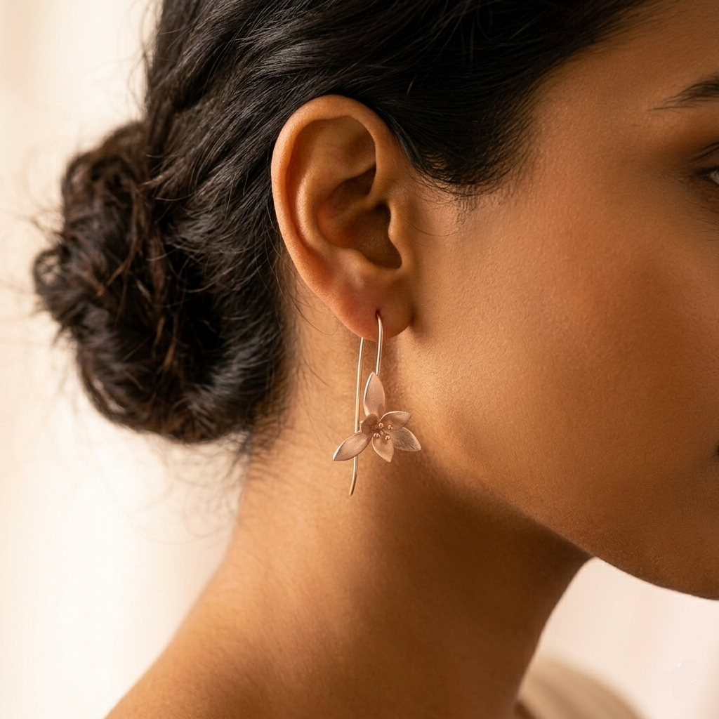 Rose Gold Floral Wire Earrings 925 Sterling Silver