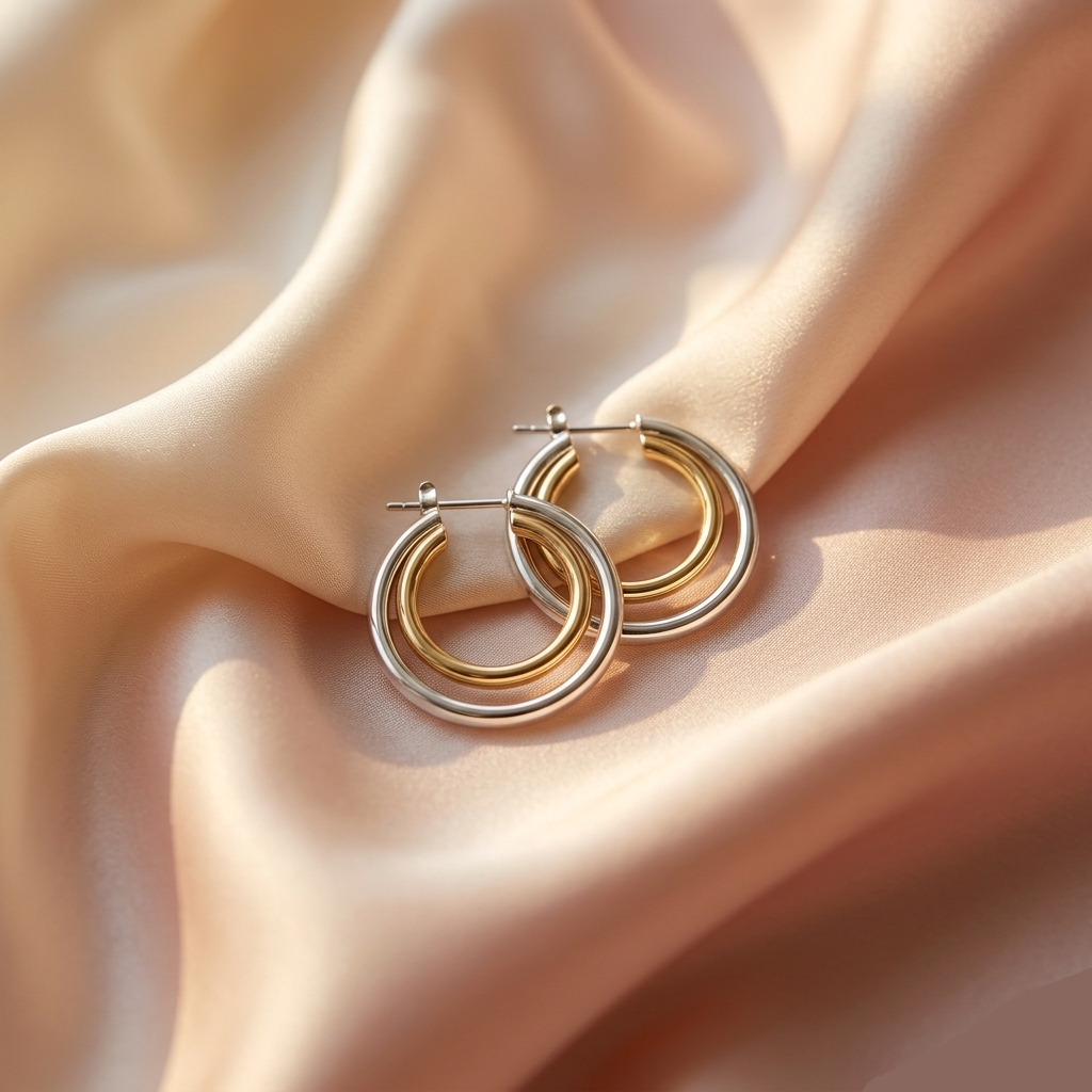 Modern Two-Tone Double Hoop Earrings 925 Sterling Silver