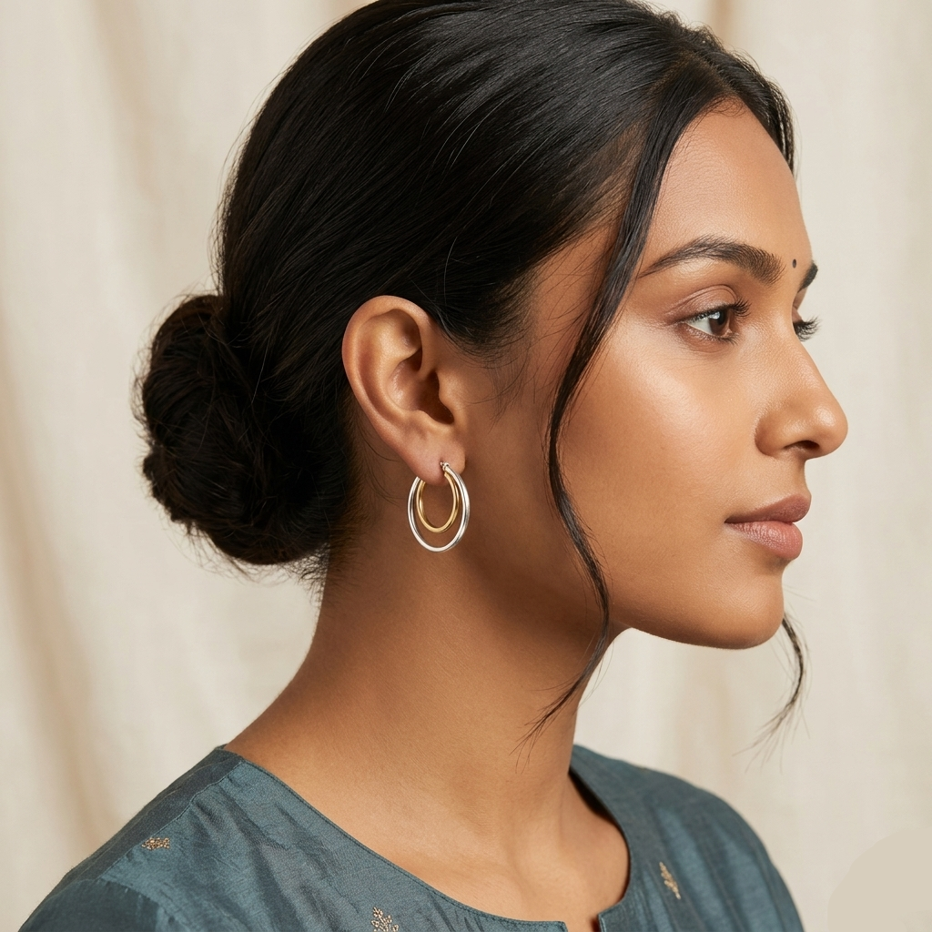 Modern Two-Tone Double Hoop Earrings 925 Sterling Silver