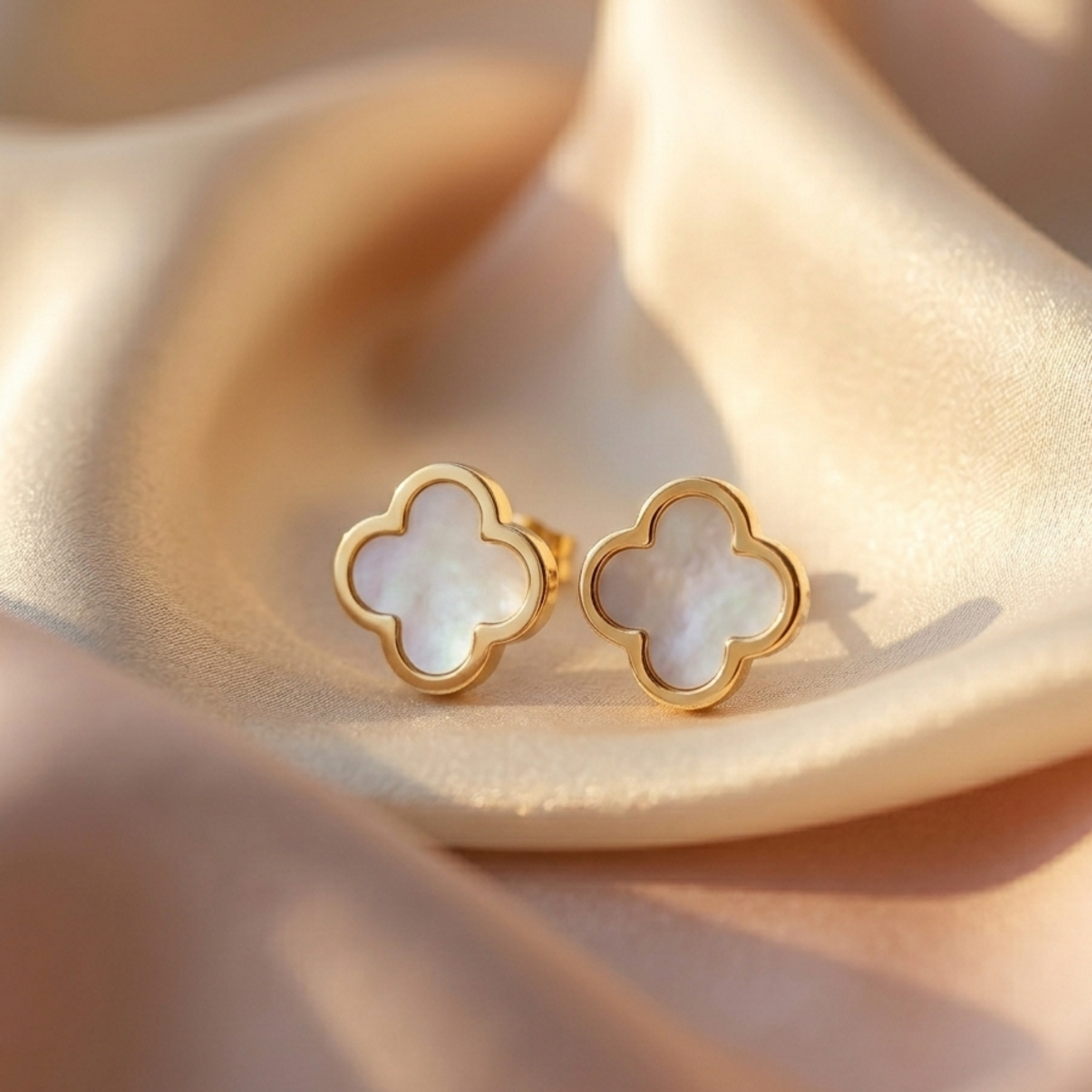 Mother of Pearl Mini Clover 92.5 Sterling Silver Gold Coated Stud Earrings