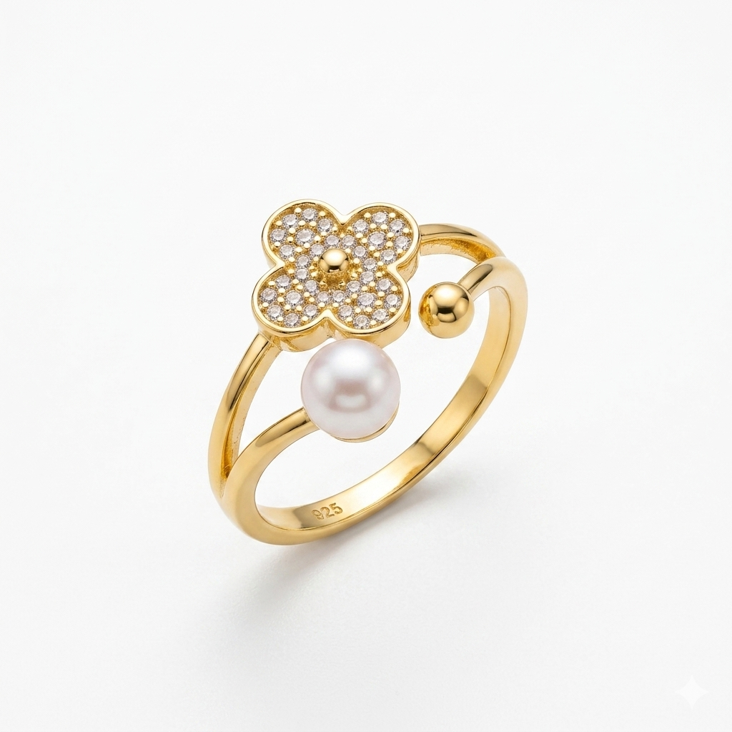Adjustable  Clover & Pearl Open Wrap Ring 92.5 Sterling Rings