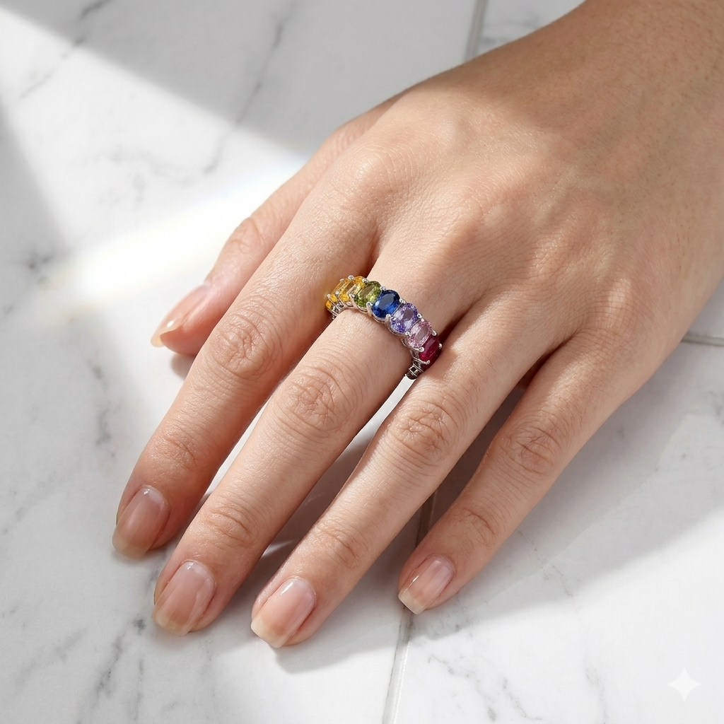 Multicolor Rainbow Sapphire Eternity Ring in 92.5 Sterling Silver