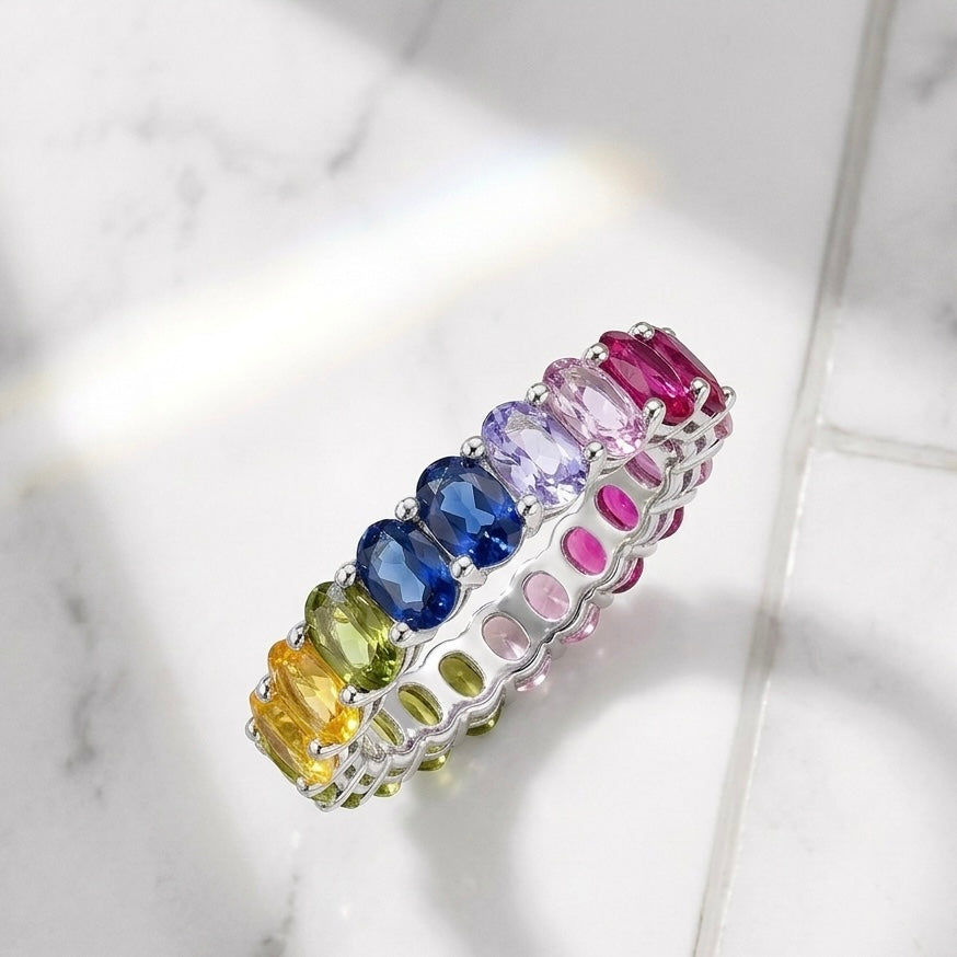 Multicolor Rainbow Sapphire Eternity Ring in 92.5 Sterling Silver