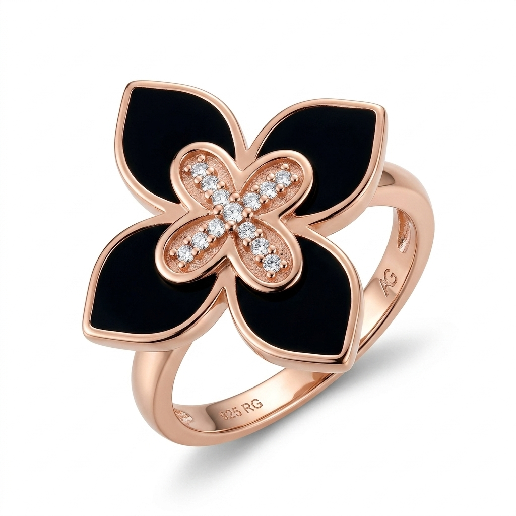 Rose Gold Vermeil Pave Diamond & Onyx Quatrefoil Ring 92.5 Sterling Silver