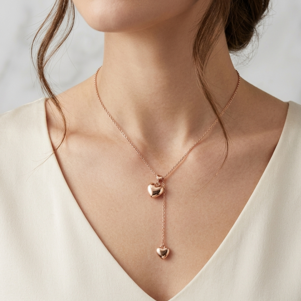 18K Rose Gold Plated 92.5 Sterling Silver Puff Heart Lariat Necklace