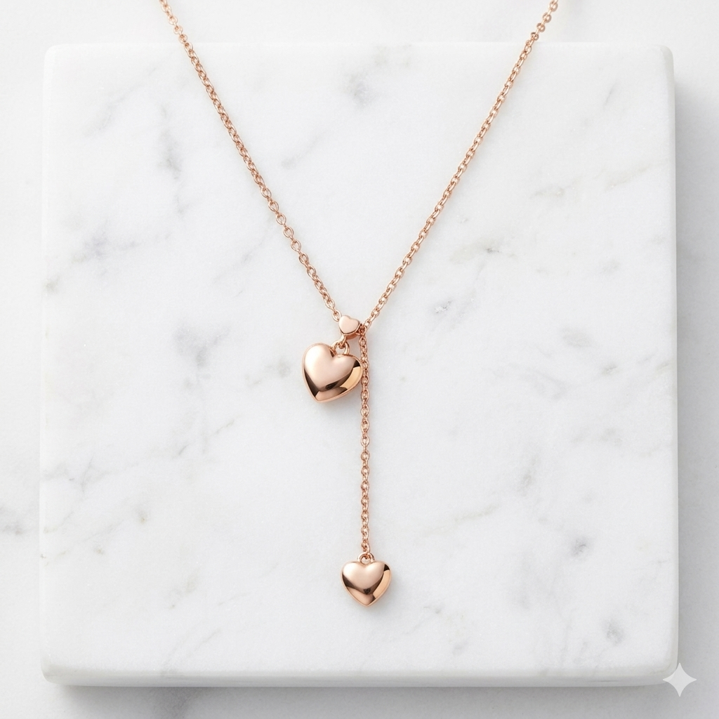 18K Rose Gold Plated 92.5 Sterling Silver Puff Heart Lariat Necklace