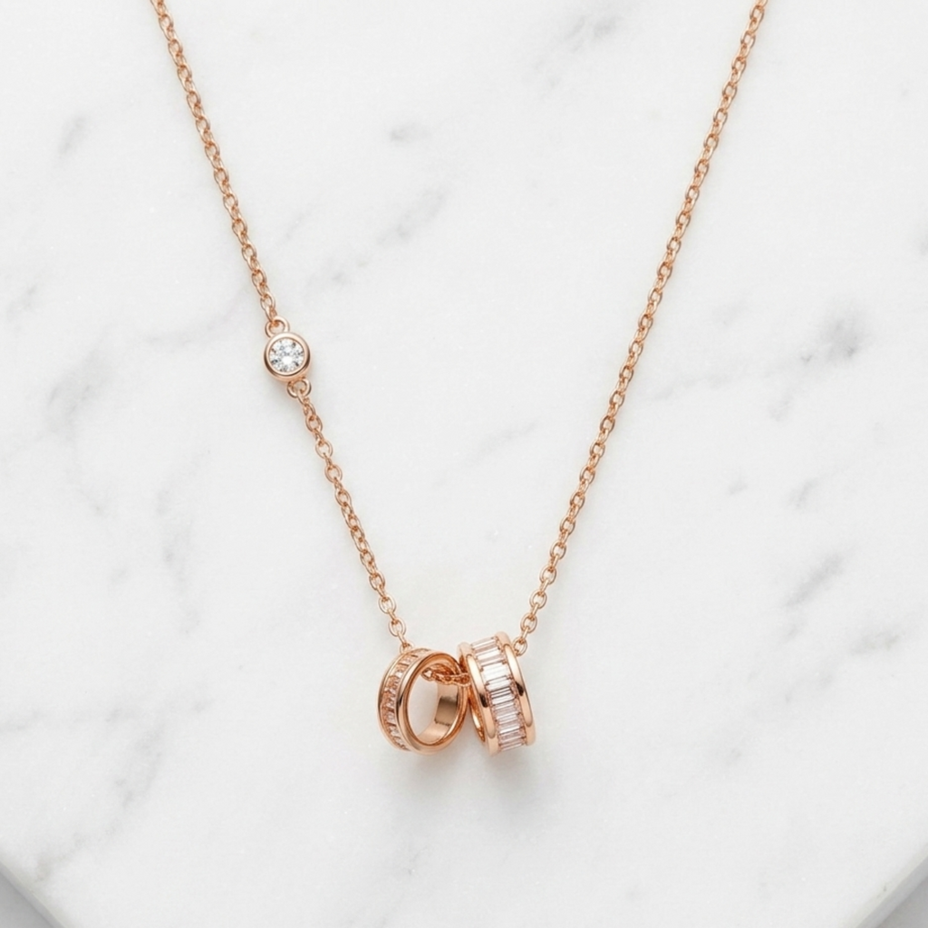 Interlocking Dual Ring Necklace 18K Gold Plated 92.5 Sterling Silver