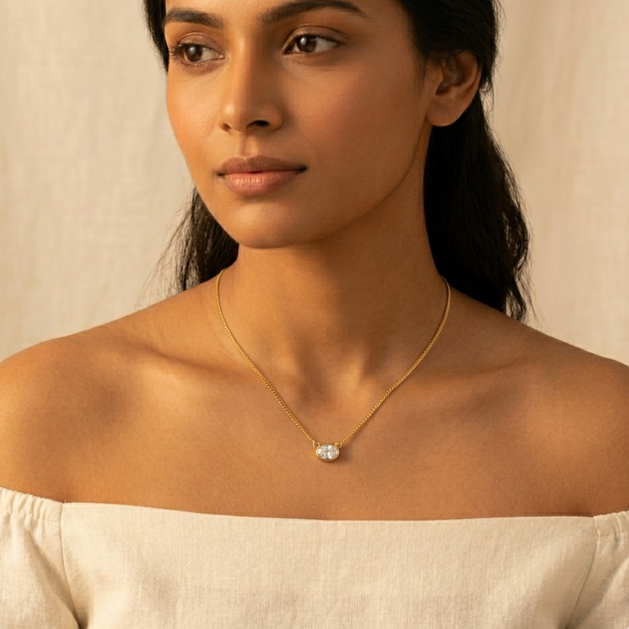 Horizontal Oval Solitaire Pendant Necklace 92.5 Sterling Silver 18K Gold Plated