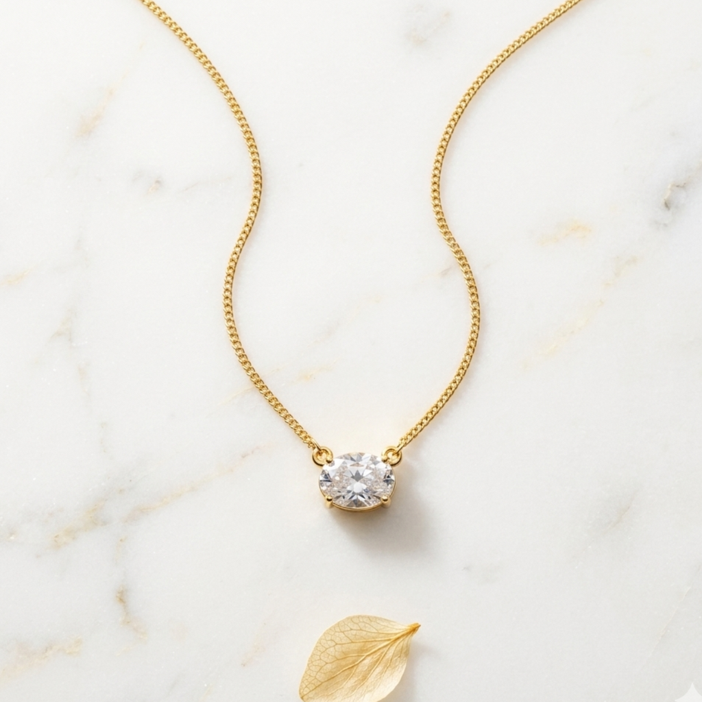 Horizontal Oval Solitaire Pendant Necklace 92.5 Sterling Silver 18K Gold Plated