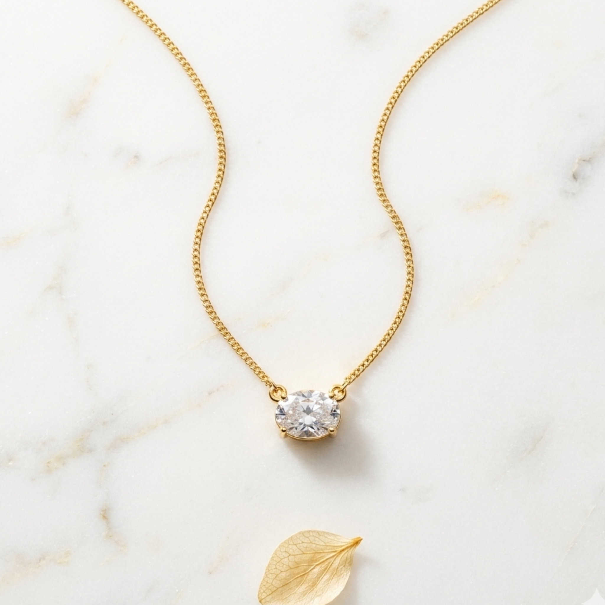 Horizontal Oval Solitaire Pendant Necklace 92.5 Sterling Silver 18K Gold Plated