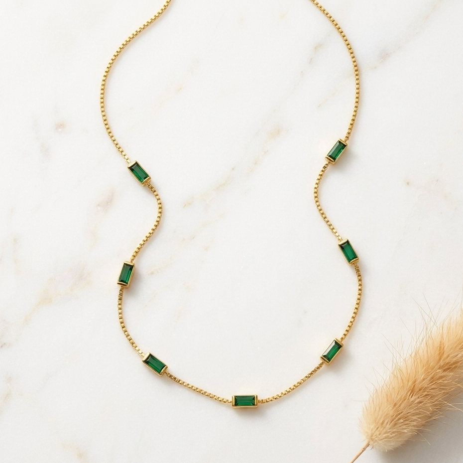 Emerald Baguette Station Necklace 18K Gold Plated 92.5 Sterling Silver