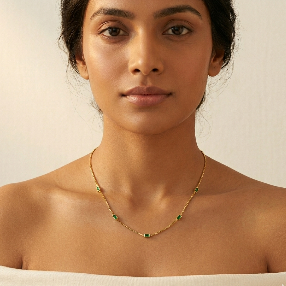 Emerald Baguette Station Necklace 18K Gold Plated 92.5 Sterling Silver