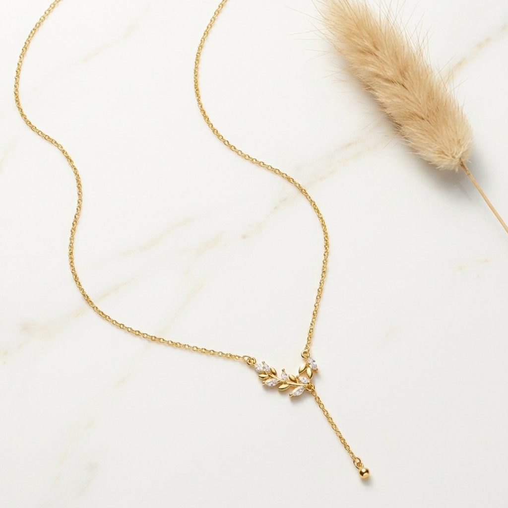 18K Gold Plated 92.5 Sterling Silver Olive Branch Y-Necklace