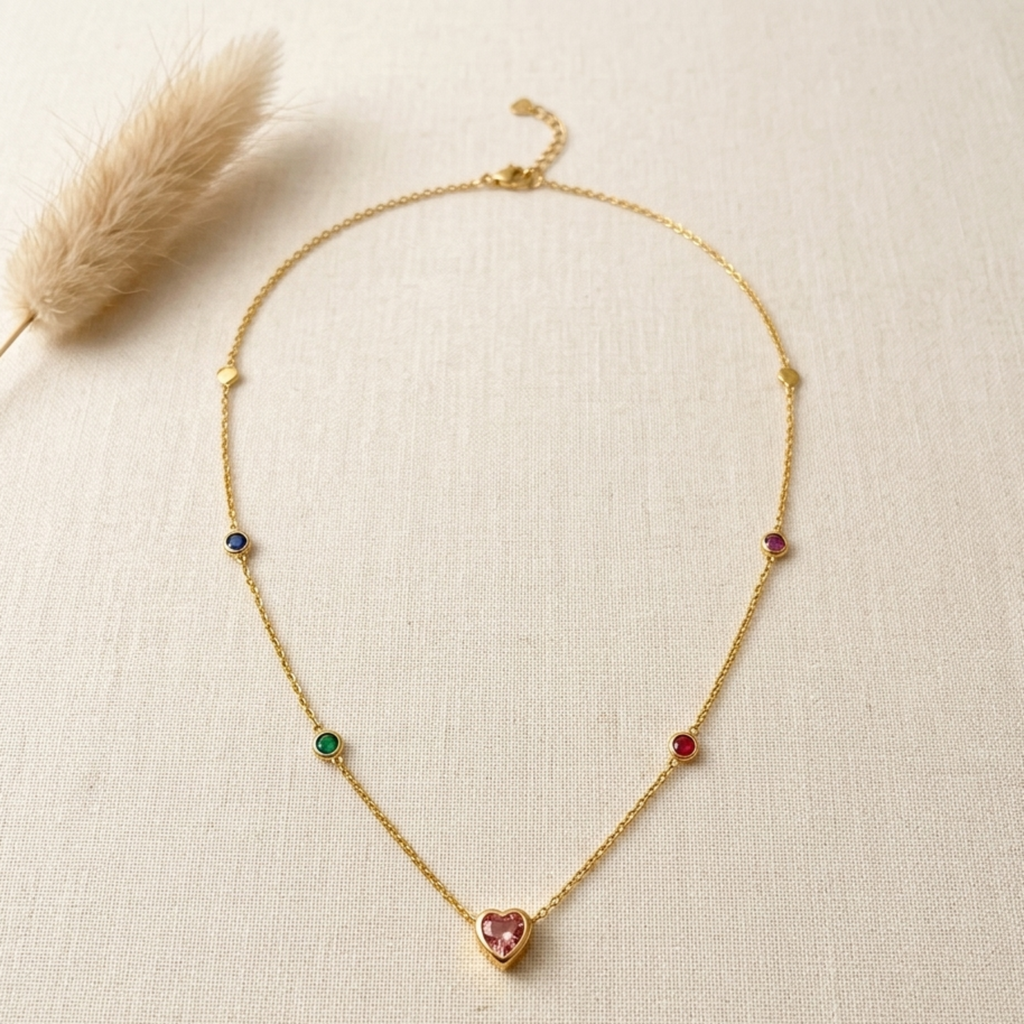 Multicolor Gemstone Heart Station Necklace 18K Gold Plated 92.5 Sterling Silver