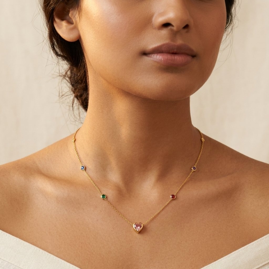 Multicolor Gemstone Heart Station Necklace 18K Gold Plated 92.5 Sterling Silver