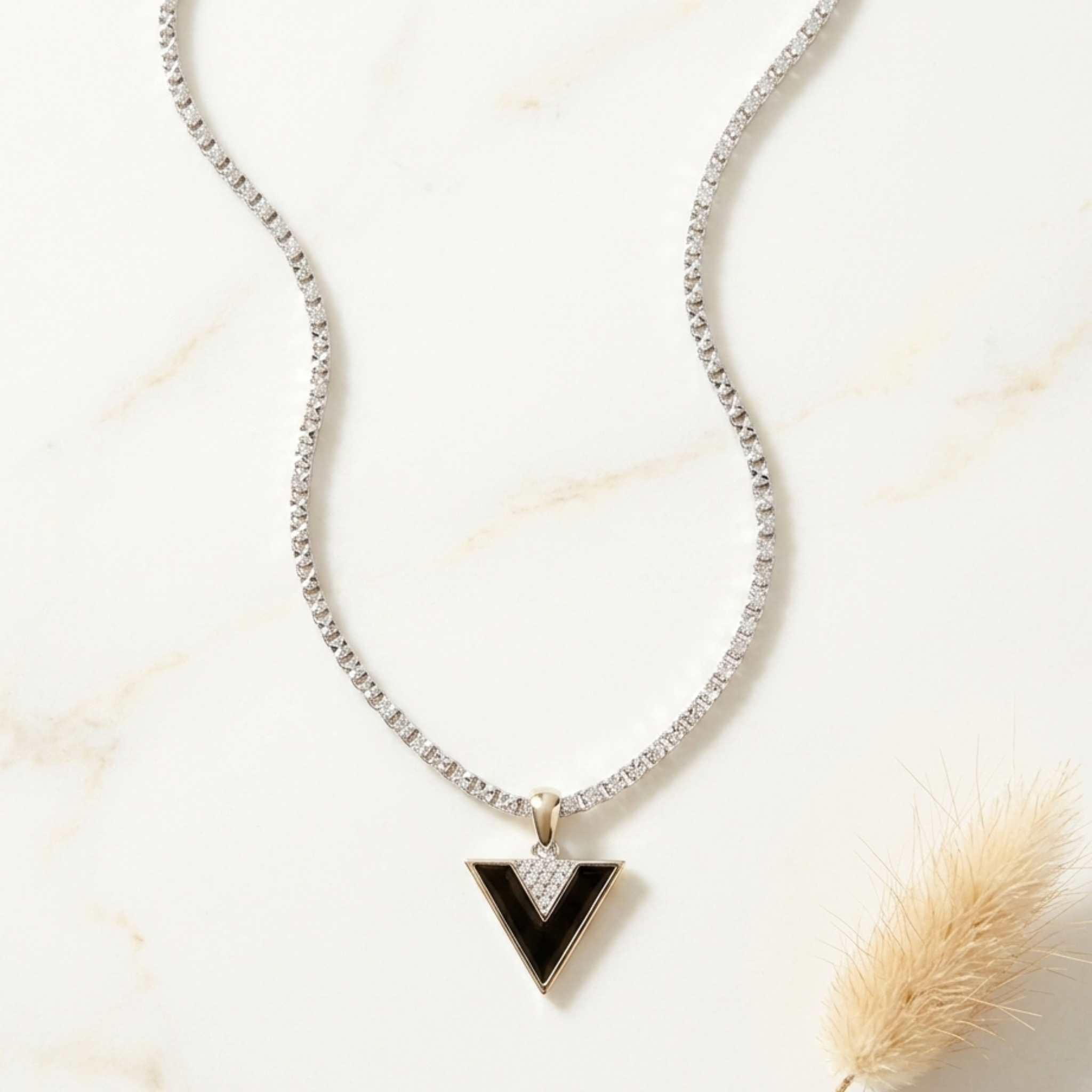 Onyx V-Neck Chain and Pendant 92.5 Sterling Silver