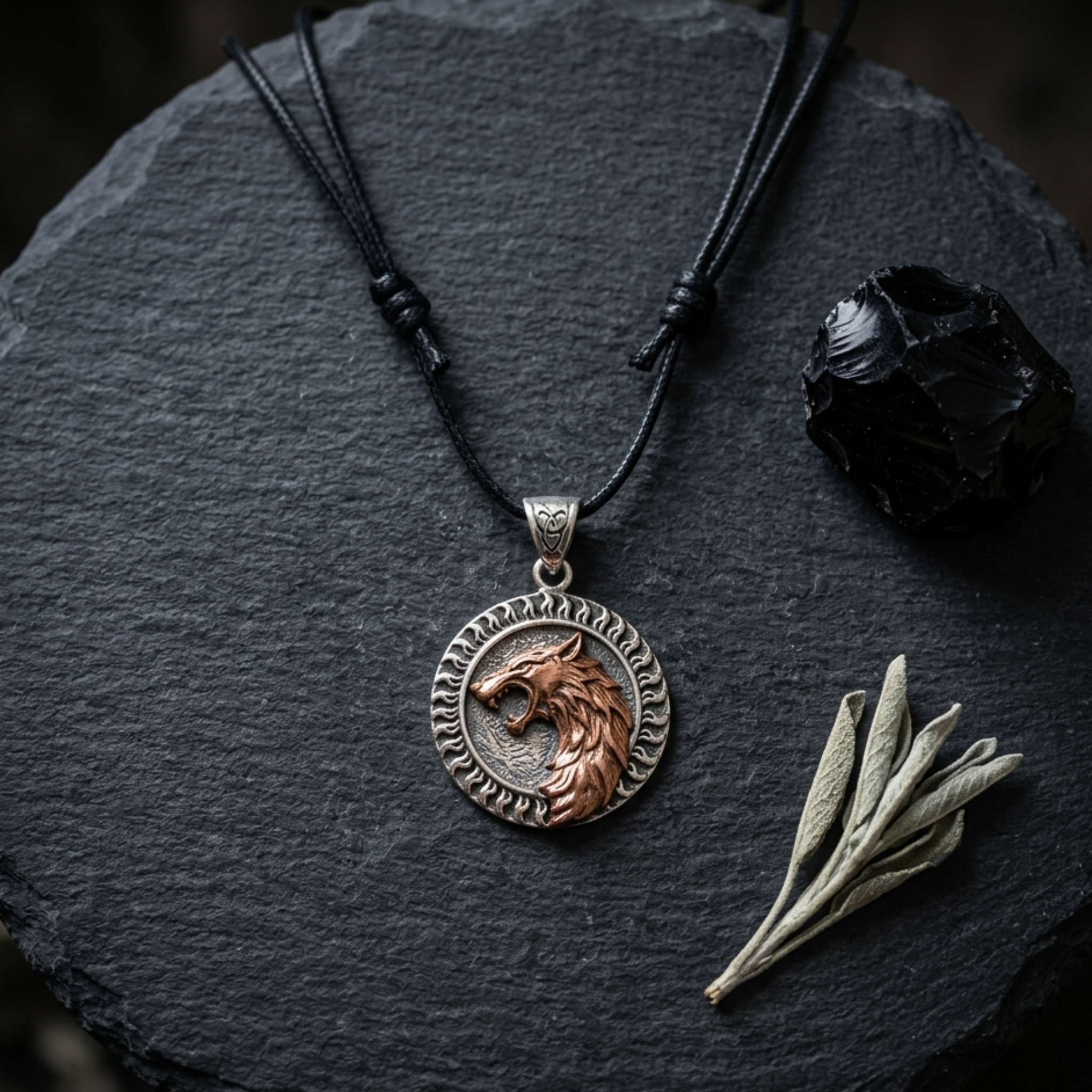 Alpha Wolf Medallion Cord 92.5 Sterling Silver