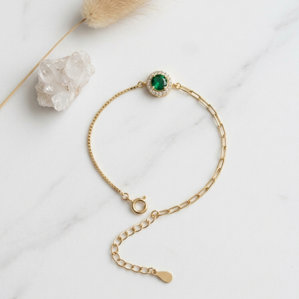 Emerald Halo Mixed-Link Bracelet 92.5 Sterling Silver