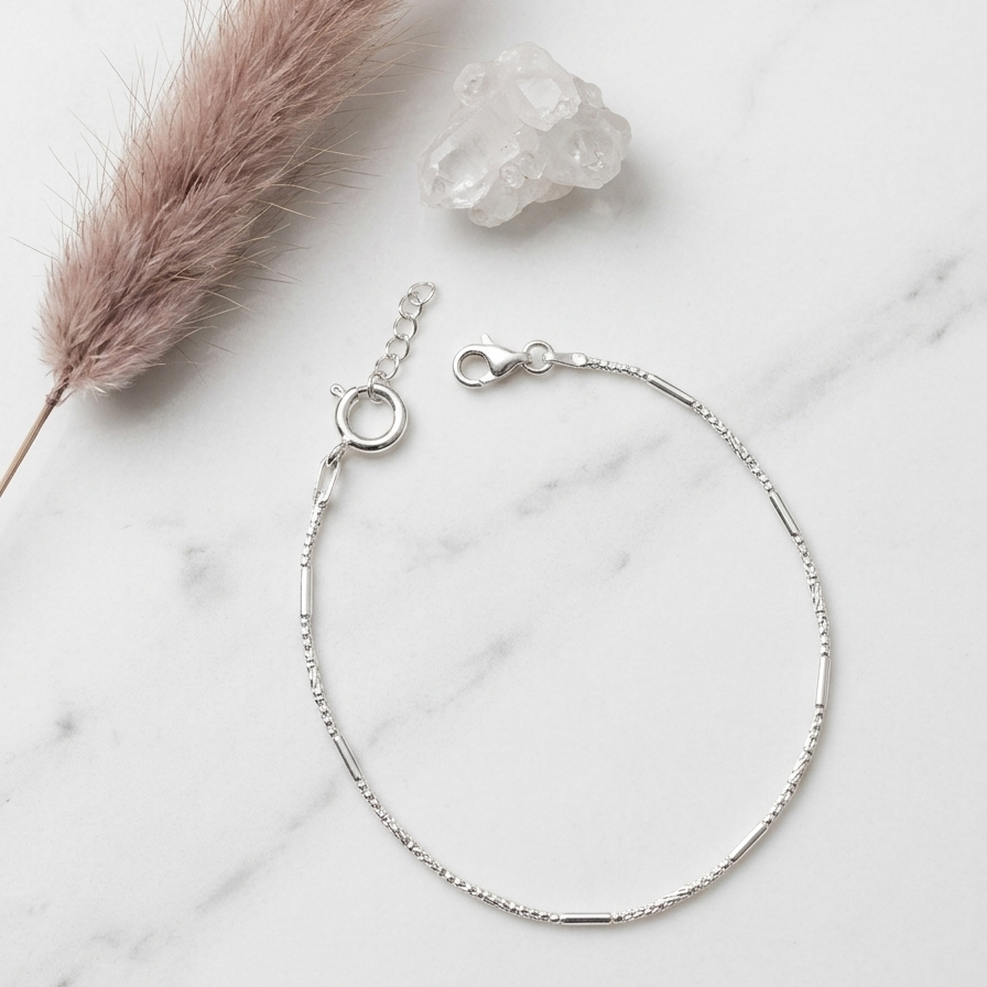 Minimalist Bugle Bar & Foxtail Chain Bracelet 92.5 Sterling Silver